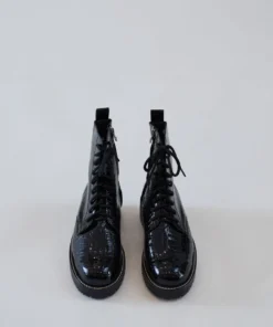 No.6 Corin Combat Boot Black Patent Croc
