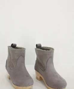 No.6 5'' Pull On Shearling Clog Boot Mid Heel Smoke Suede