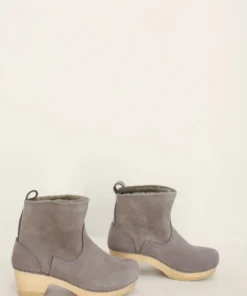 No.6 5'' Pull On Shearling Clog Boot Mid Heel Smoke Suede