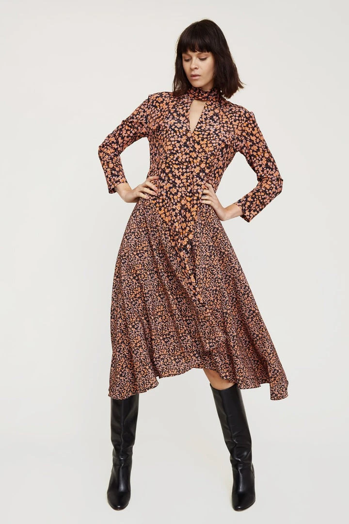 No.6 Dresses Ness Tie Dress Black And Tangerine Clustered Vine 3 No.6 Dresses Ness Tie Dress Black And Tangerine Clustered Vine